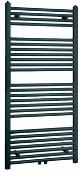 Donkergrijze designradiator met verticale en horizontale verwarmingsleidingen, verdeeld over meerdere niveaus.