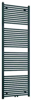 Zwart handdoekradiator met zes horizontale verwarmingslijsten en een rechtopstaande, slanke vorm.