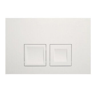 Twee vierkante schakelaars op een witte wand met een minimalistisch ontwerp en een gloss finish.