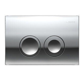 Glanzende metalen toiletinrichting met twee ronde knoppen en een rechte, gladde rand.