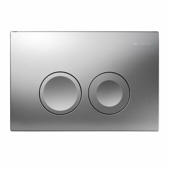 Glanzend, rechthoekig bedieningspaneel met twee ronde knoppen, uitgevoerd in hoogglans chroom.