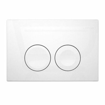 Witte drukplaat met twee ronde knoppen voor een toiletfunctie, vlak en modern design.