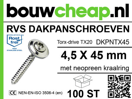 RVS dakpan schroeven met torx-aandrijving, neopr&eacute;n kraalring, 4,5 x 45 mm, verpakt in een doos van 100 stuks.
