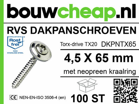 RVS dakpan-schroeven met een torx-kop, neopenring, maat 4,5 x 65 mm, verpakt in een doos van 100 stuks.