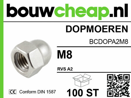 Dopmoeren M8 van roestvrij staal, met duidelijke productinformatie en barcode. 100 stuks per verpakking.