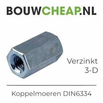 Verzinkte koppelmoer met zeshoekige vorm en schroefdraad aan beide uiteinden.