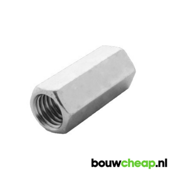 Zilveren metalen boutverbinder met zeshoekige vorm en schroefdraad aan de binnenkant, minder dan 10 cm lang.