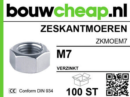 Zeskantmoeren van verzinkt staal met een M7 maat, te koop bij bouwcheap.nl, met QR-code en productinformatie.