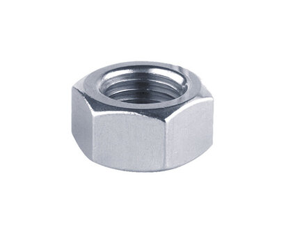Zilveren metalen moer met een hexagonale vorm en interne schroefdraad, geschikt voor bevestigingen.