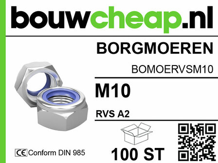 Korte beschrijving van een verpakking met borgmoeren, met duidelijke aanduidingen en een QR-code onderaan.