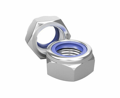 Glanzende metalen moer met een paarse kunststof binnenring, met een zeshoekige vorm voor grip en verbinding.