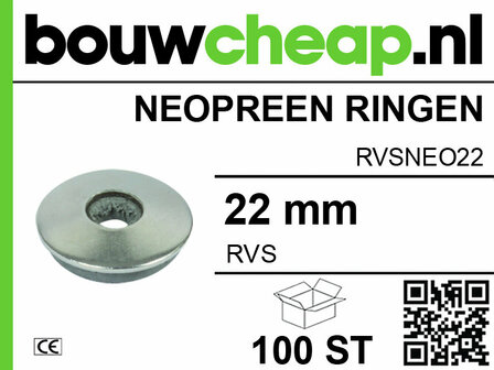 Neopreen ringen in RVS met een diameter van 22 mm, op een wit en groen label met een merklogo en productinformatie.