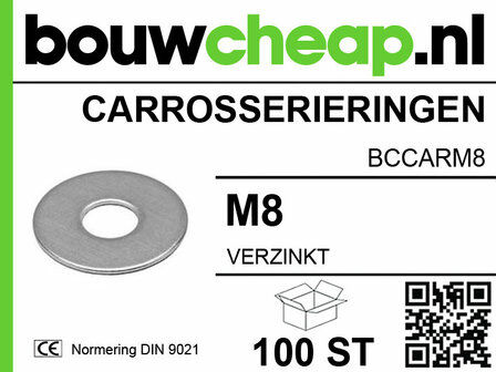 Zilveren verzinkt carrosserie-ring met centrale opening, weergegeven naast een QR-code en tekst over het product.