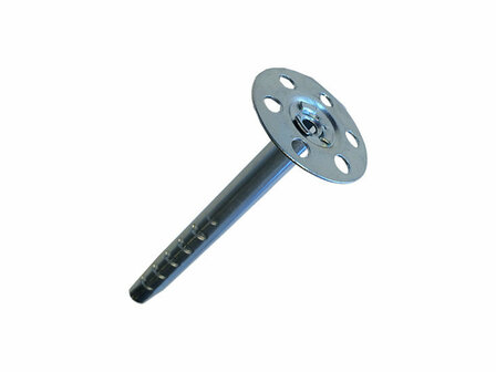 Glanzende metalen plug met ronde schijf en meerdere gaten, geschikt voor bevestiging in verschillende materialen.