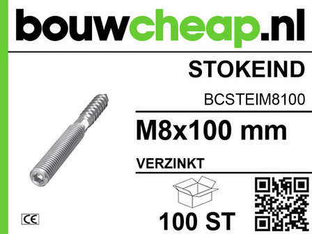 Verzilverd stokeind van 8x100 mm met scherpe schroefdraad, geleverd in een verpakking van 100 stuks, merk Bouwcheap.