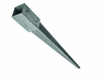 Grijze metalen paal met een vierkante bovenkant en een scherpe, spitse punt aan de onderkant voor stevige verankering.