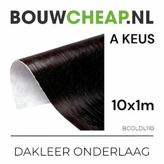 Zwarte dakleer onderlaag met een gladde afwerking, verpakt in een rol van 10 meter lang en 1 meter breed.