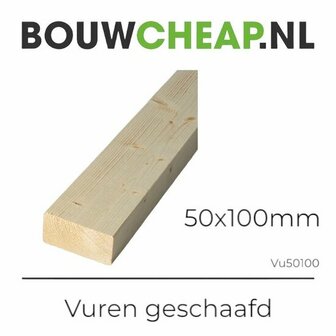 Houten plank van vurenhout, 50x100 mm, met een geschuurde afwerking en rechtlijnige randen.