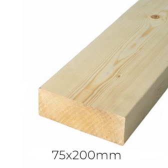Lichte, onbehandelde houten balk van 75x200mm met zichtbare nerf en gladde afwerking.
