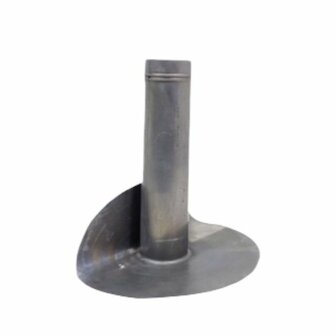 Een metalen onderdeel met een rechte, cilinderachtige bovenkant en een brede, gebogen onderkant.