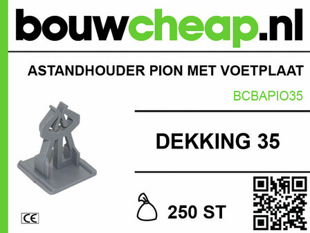 Grijze kunststof standhouder voor pion met voetplaat, merklogo &quot;bouwcheap.nl&quot; en QR-code. Verpakt per 250 stuks.