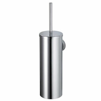 Glanzende, zilveren toiletborstelhouder met een cilindrische vorm en een lange, rechte steel.