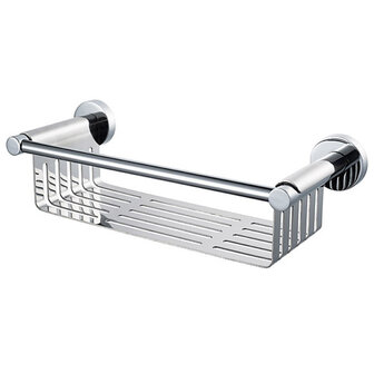 Ronde wandbeugels met een glanzende chroomafwerking en een open rek met horizontale en verticale sleuven voor opslag.