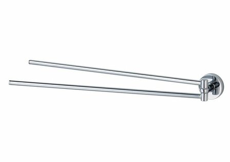 Glanzende, chromen handdoekhouder met twee lange armen die aan een ronde wandbevestiging zijn bevestigd.