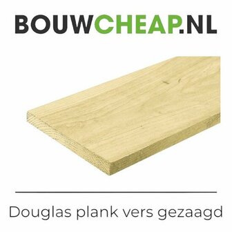 Lichte, verse Douglas plank met een natuurlijke houtstructuur en rechte randen, geschikt voor diverse bouwprojecten.