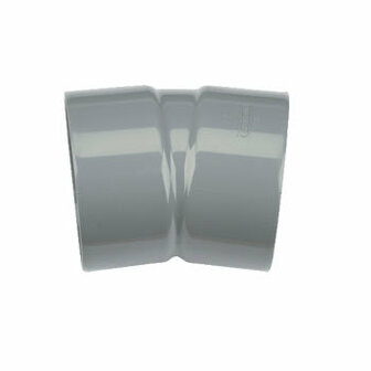 Grijze PVC-bocht met een afgeronde verbinding en een gladde, glanzende afwerking, ontworpen voor buisverbindingen.