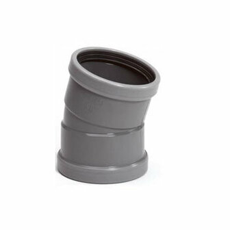 Grijze PVC bochtconnector met een hoek van 90 graden en schroefdraad voor buisverbindingen.