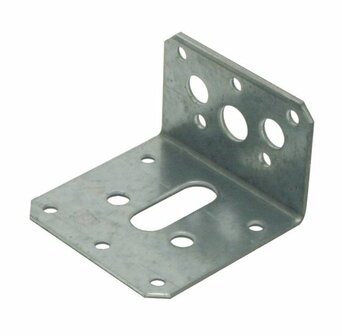 L-vormige metalen bevestigingsbeugel met meerdere gaten en een langwerpige uitsparing in het midden.