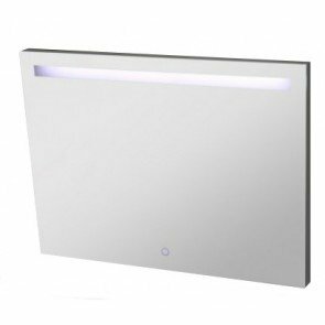 Witte wandlamp met een smalle, horizontale opening bovenaan en een zachte lichtstraal die eruit straalt. Aan-/uitknop onderaan.