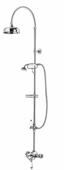 Glanzende, chroomkleurige doucheset met een grote hoofddouche en handdouche, voorzien van een verstelbare wandbevestiging.