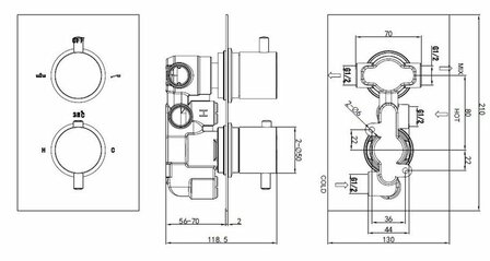 Technische tekening van een mengkraan, met duidelijke afmetingen en aansluiting voor warm en koud water.