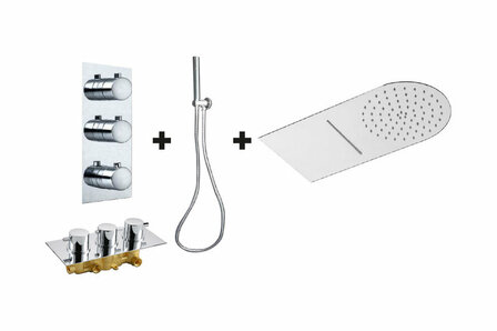 Glanzende metalen doucheknoppen, een handdouche en een vlakke regendouchekop, allemaal in moderne, strakke ontwerpen.