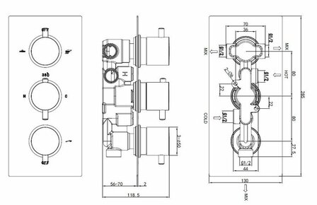 Technisch ontwerp met drie ronde schakelaars en het bijbehorende maatwerk in zwart-wit, met duidelijke afmetingen en labels.