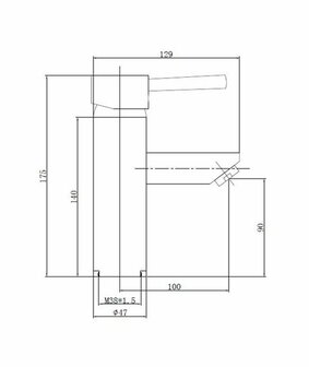 Technische tekening van een wandkraan met duidelijke afmetingen en een stevig ontwerp, weergegeven in zwart-wit.