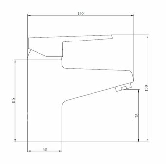 Chroomkleurige kraan met een strakke, moderne vormgeving en duidelijke afmetingen aangegeven in het ontwerp.