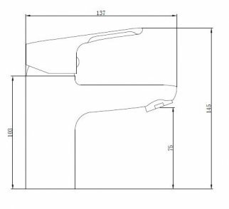 Technische tekening van een gootsteenmengkraan in zwart-wit met afmetingen en eenvoudige lijnen.