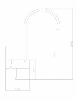 Een gebogen, rechthoekige kraan in een technische tekening met afmetingen en een eenvoudige ontwerpstijl.