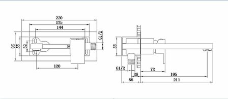 Technisch tekening van een mengkraan, met duidelijke afmetingen en componenten in zwart-wit.