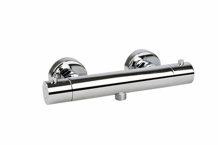 Chromen thermostatische douchekraan met een rechtlijnig ontwerp en twee bedieningsknoppen aan de zijkanten.