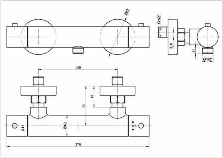Technische tekening van een metalen component met cirkelvormige uiteinden, afmetingen en aansluitpunten, zwart-wit.