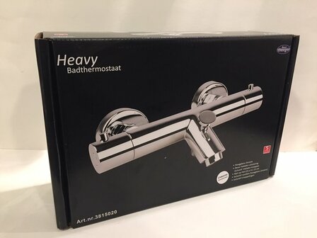 Zilverchromen badthermostaat in doos, voorzien van merklogo en duidelijke productinformatie op de verpakking.