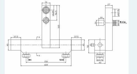 Technische tekening in zwart-wit van een messing mengkraan met afmetingen en verbindingen.