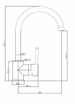 Technische tekening van een chroomkleurige keukenkraan met een gebogen uitloop en eenhendel, inclusief afmetingen.