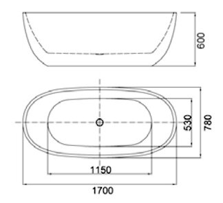 Witte, ovale vrijstaande badkuip met een modern design, afmetingen en details in technische tekening.