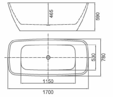 Witte rechthoekige badkuip van acryl met afgeronde hoeken en zwarte afvoer, gemeten in lengtes en breedtes.