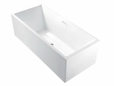 Strakke, rechthoekige witte badkuip met een cilindrische afvoer, minimalistisch ontwerp zonder versieringen.